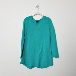 [Eileen Fisher] Turquoise Linen Cotton Blend Long Sleeve V-Neck Sweater Size XS